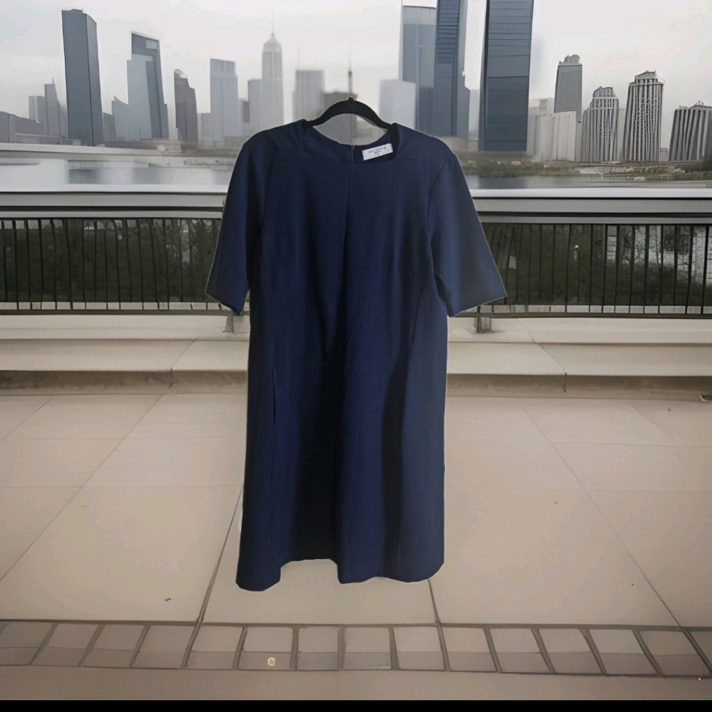 MM LaFleur Emily Navy Square Neck Shift Dress Pockets Career Work Sz 14